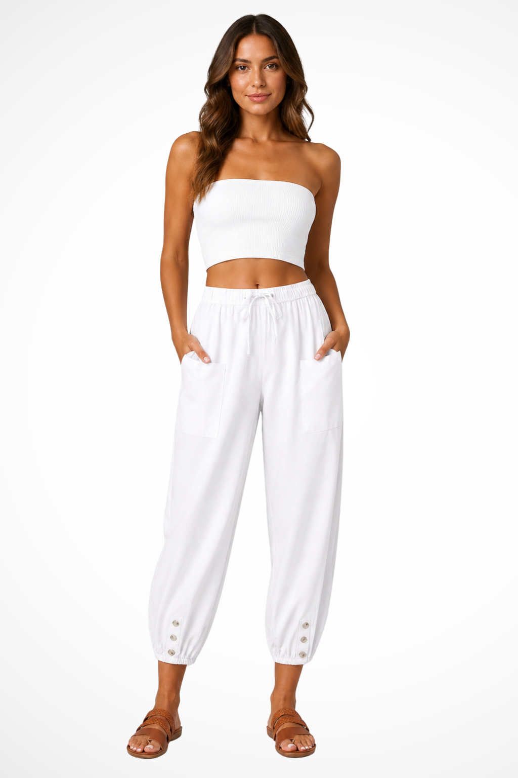 Women's Linen Cropped Pants with Drawstring Waist & Button Hem – Summer Pants for Holidays