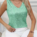 Women's Glitter Sequin V-Neck Tank Top with Wide Straps – Party, Evening & Night Out Top
