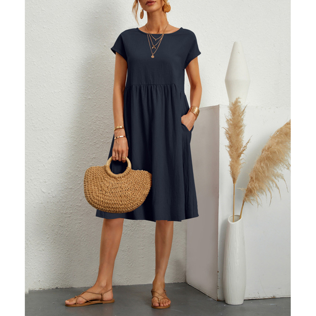 Women's Linen-Look Midi Dress – Relaxed Summer Day Dress for Brunch, Travel & Weekends