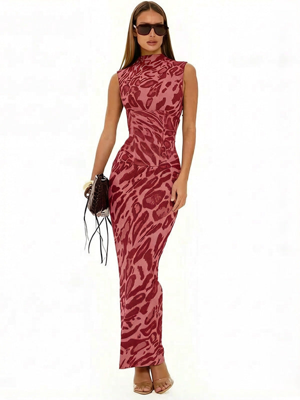 Women's Leopard Print Bodycon Maxi Dress – Fitted Evening Dress for Parties & Nights Out