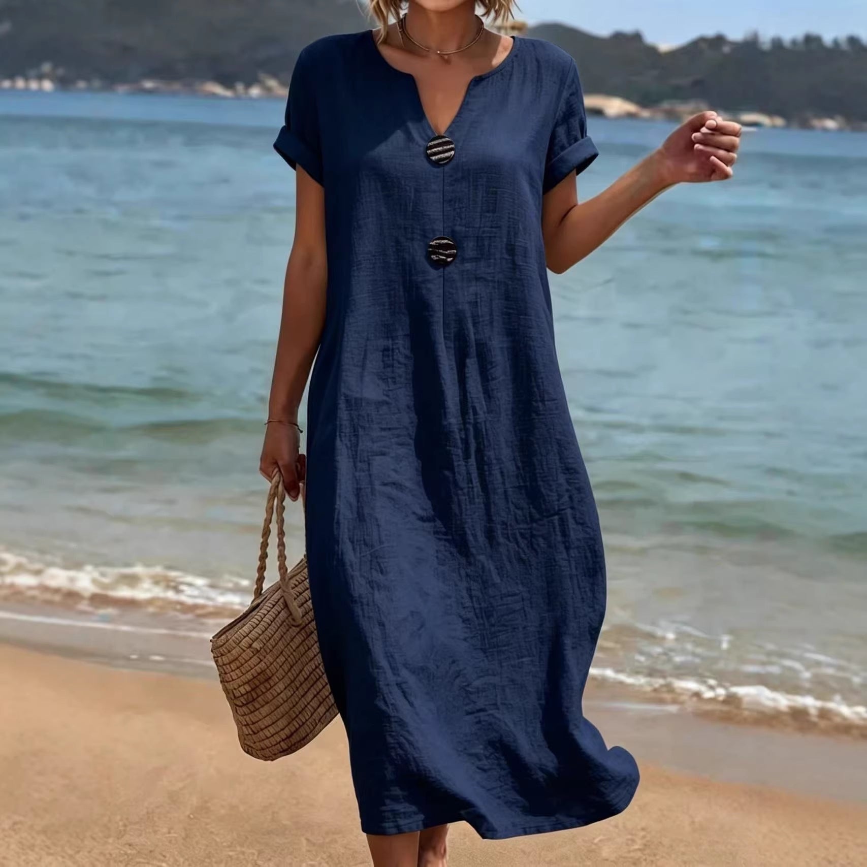 Women's Linen-Look Midi Dress – Casual Relaxed Summer Day Dress for Weekend & Holidays