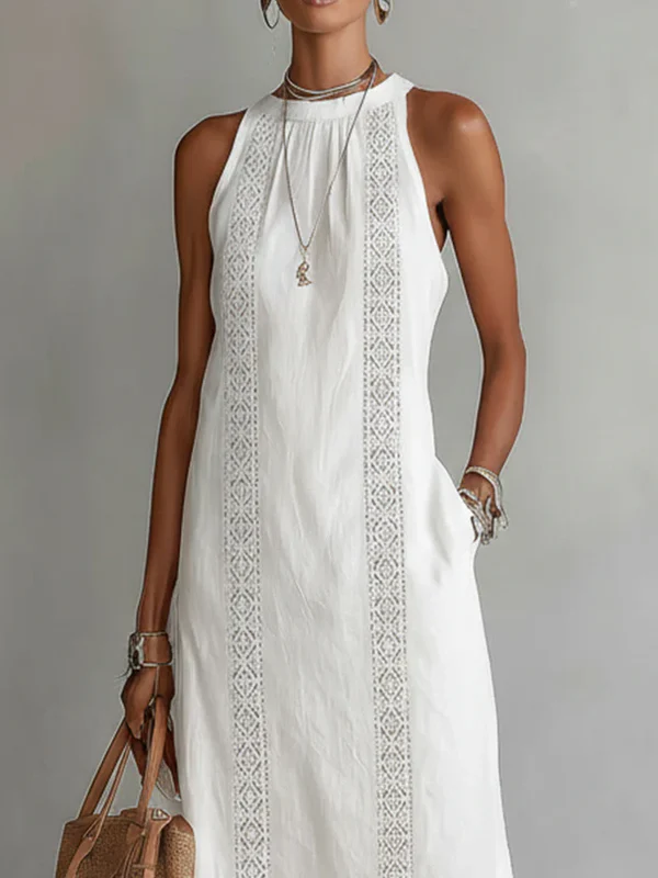 Women's Halter Neck Midi Dress with Lace Trim & Side Splits – Sleeveless Summer Dress