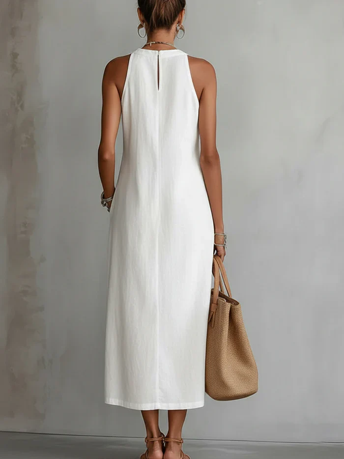 Women's Halter Neck Midi Dress with Lace Trim & Side Splits – Sleeveless Summer Dress