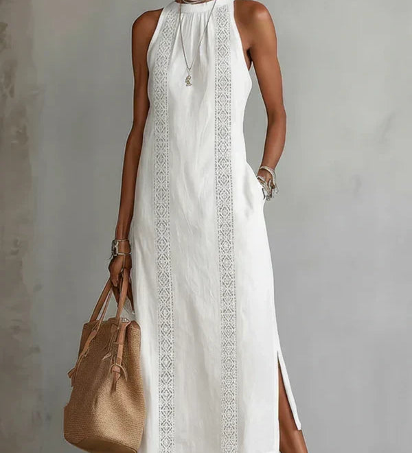 Women's Halter Neck Midi Dress with Lace Trim & Side Splits – Sleeveless Summer Dress