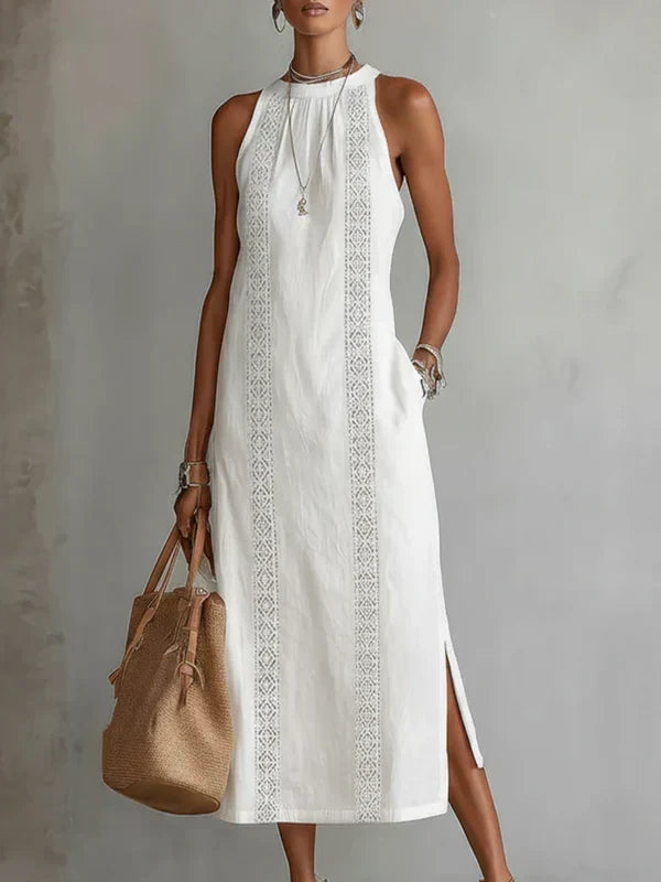 Women's Halter Neck Midi Dress with Lace Trim & Side Splits – Sleeveless Summer Dress