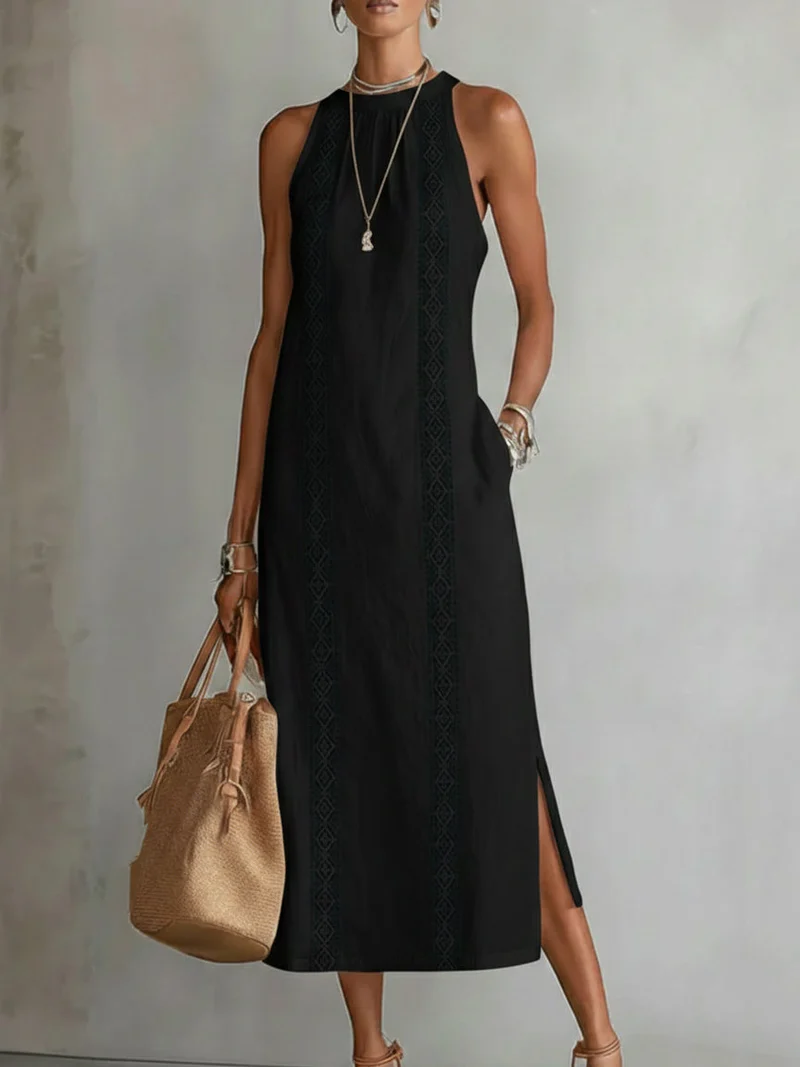 Women's Halter Neck Midi Dress with Lace Trim & Side Splits – Sleeveless Summer Dress