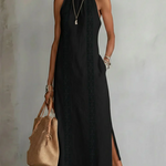 Women's Halter Neck Midi Dress with Lace Trim & Side Splits – Sleeveless Summer Dress