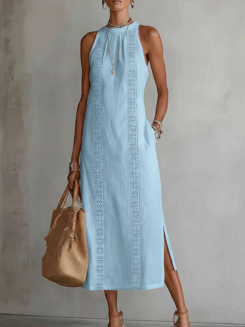 Women's Halter Neck Midi Dress with Lace Trim & Side Splits – Sleeveless Summer Dress