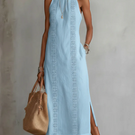 Women's Halter Neck Midi Dress with Lace Trim & Side Splits – Sleeveless Summer Dress