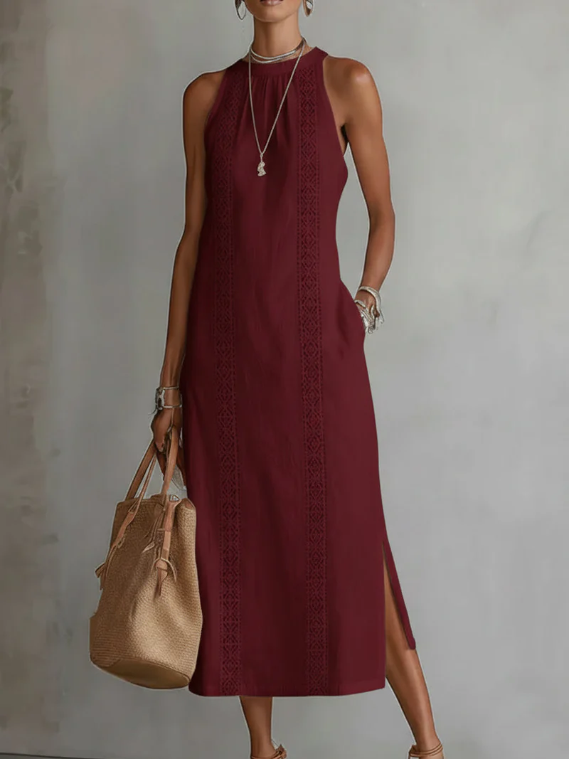 Women's Halter Neck Midi Dress with Lace Trim & Side Splits – Sleeveless Summer Dress