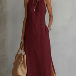 Women's Halter Neck Midi Dress with Lace Trim & Side Splits – Sleeveless Summer Dress