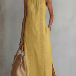 Women's Halter Neck Midi Dress with Lace Trim & Side Splits – Sleeveless Summer Dress
