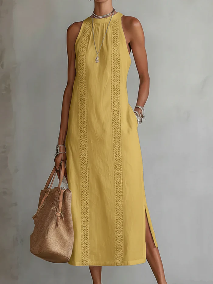 Women's Halter Neck Midi Dress with Lace Trim & Side Splits – Sleeveless Summer Dress
