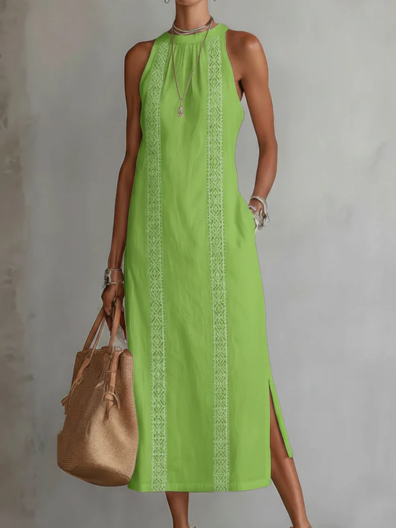 Women's Halter Neck Midi Dress with Lace Trim & Side Splits – Sleeveless Summer Dress