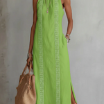 Women's Halter Neck Midi Dress with Lace Trim & Side Splits – Sleeveless Summer Dress