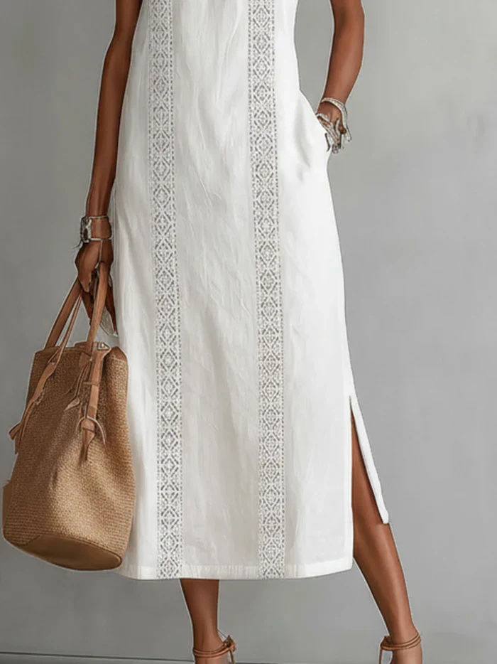 Women's Halter Neck Midi Dress with Lace Trim & Side Splits – Sleeveless Summer Dress