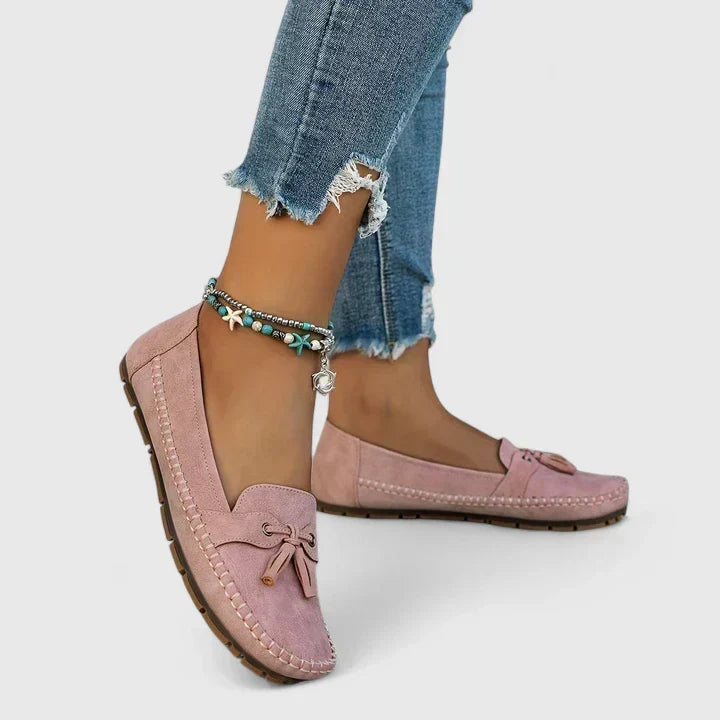 Women's Suede Leather Moccasin Loafers with Bow & Tassel – Flat Slip-On Shoes for Everyday