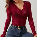Women's Lace Long Sleeve Bodysuit with Plunge Neckline – Fitted Top for Evenings Out