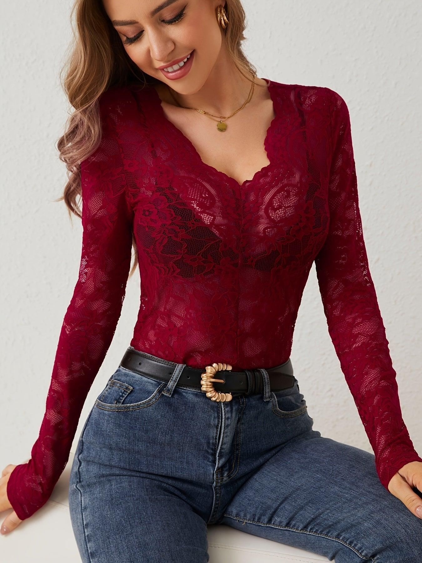 Women's Lace Long Sleeve Bodysuit with Plunge Neckline – Fitted Top for Evenings Out