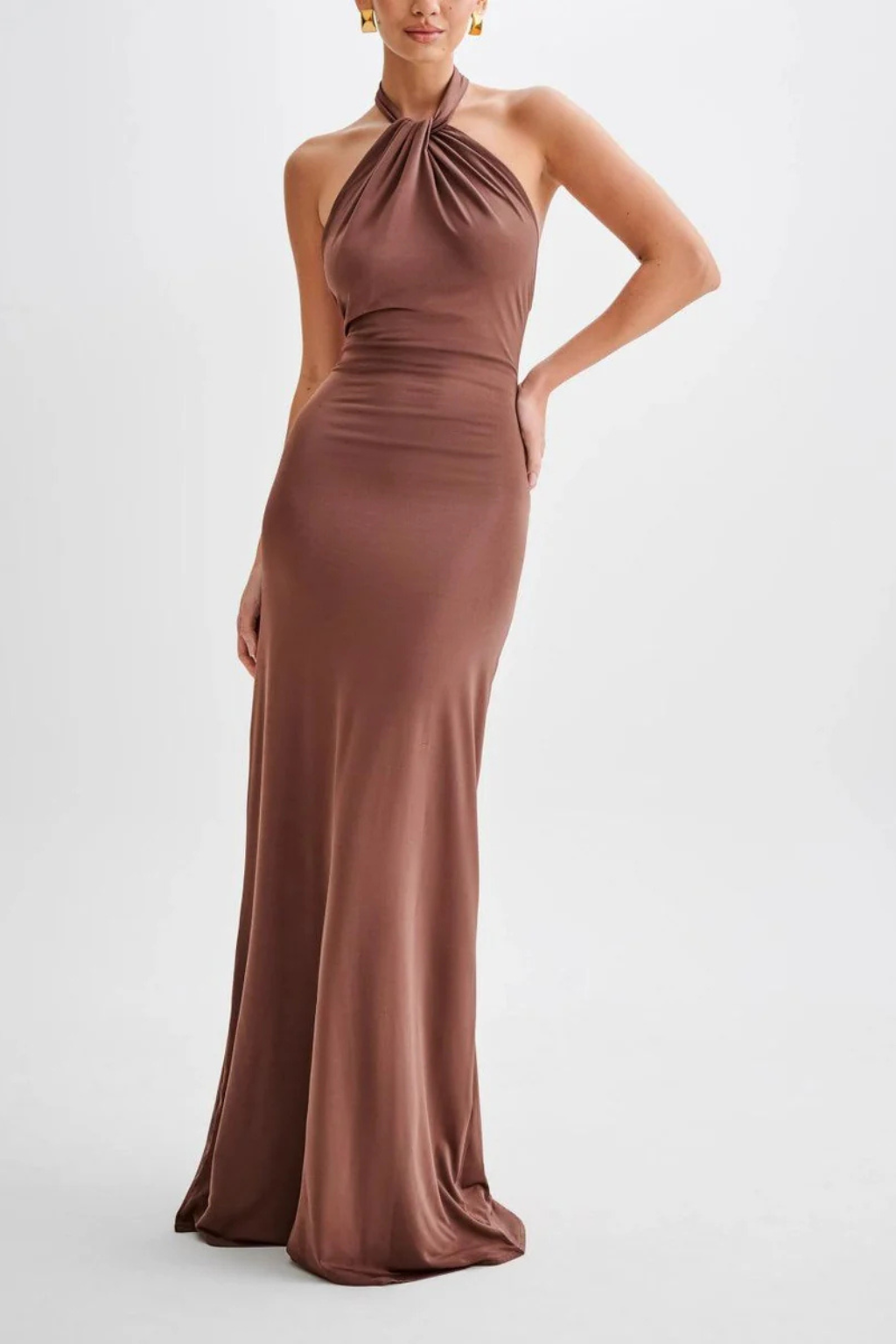 Women's Halter Neck Twist Knot Bodycon Maxi Dress – Open Back Wedding Guest & Formal Dress