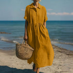 Women's Pintuck Linen-Look Maxi Shirt Dress – Relaxed Summer Dress for Beach, Brunch & Holidays