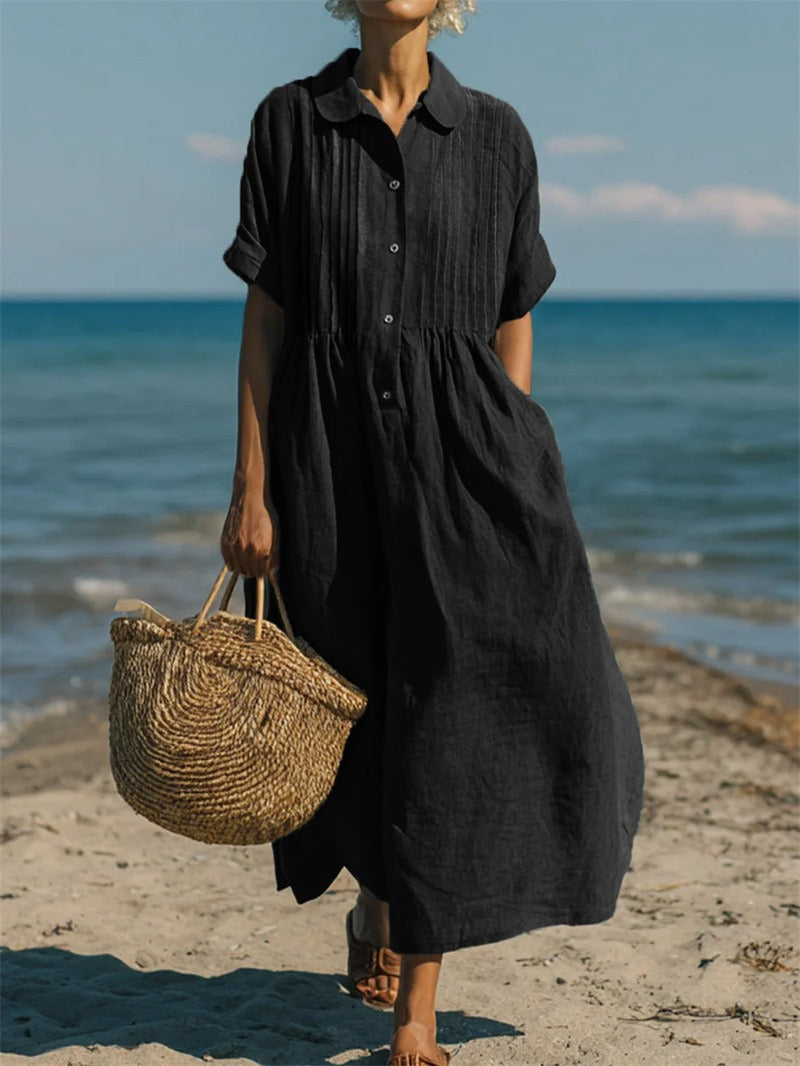 Women's Pintuck Linen-Look Maxi Shirt Dress – Relaxed Summer Dress for Beach, Brunch & Holidays