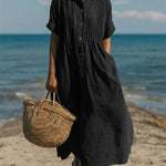 Women's Pintuck Linen-Look Maxi Shirt Dress – Relaxed Summer Dress for Beach, Brunch & Holidays