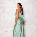 Women's Asymmetric Neckline Pleated Evening Dress – Elegant Formal Dress for Weddings & Galas