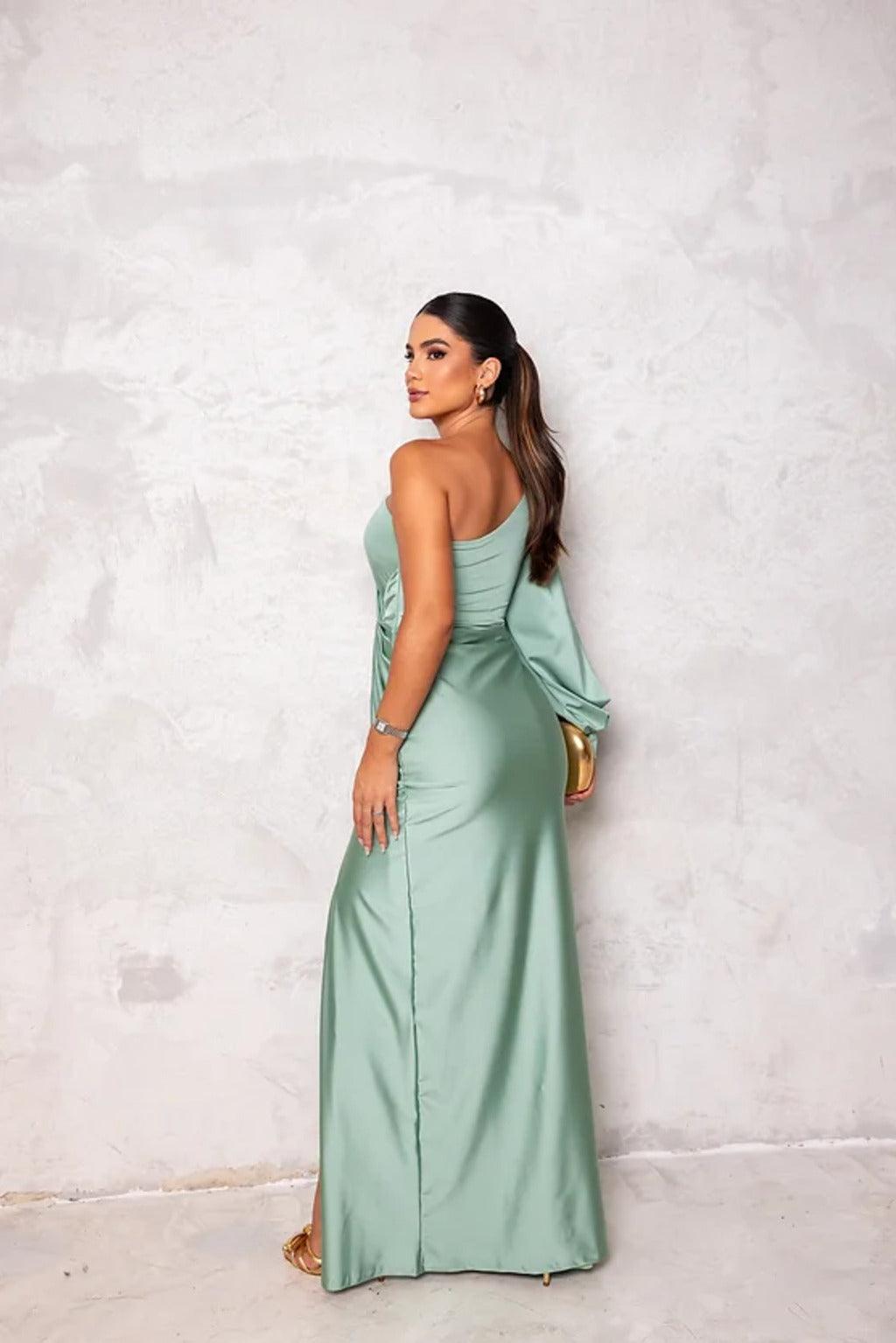 Women's Asymmetric Neckline Pleated Evening Dress – Elegant Formal Dress for Weddings & Galas