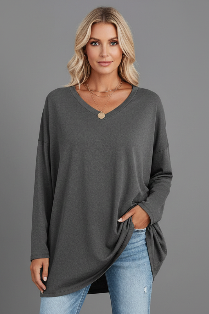 Women's V Neck Long Sleeve Top – Loose Fit Pull-On Everyday Top for Work & Weekend