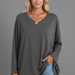 Women's V Neck Long Sleeve Top – Loose Fit Pull-On Everyday Top for Work & Weekend