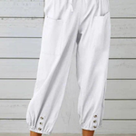 Women's Linen Cropped Pants with Drawstring Waist & Button Hem – Summer Pants for Holidays
