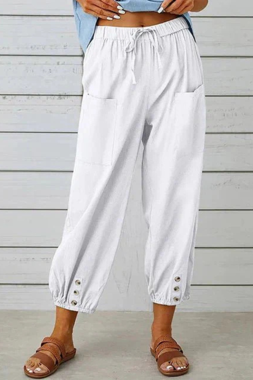Women's Linen Cropped Pants with Drawstring Waist & Button Hem – Summer Pants for Holidays