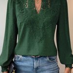 Women's Lace Applique V Neck Blouse with Balloon Sleeves – Dobby Chiffon Occasion Top