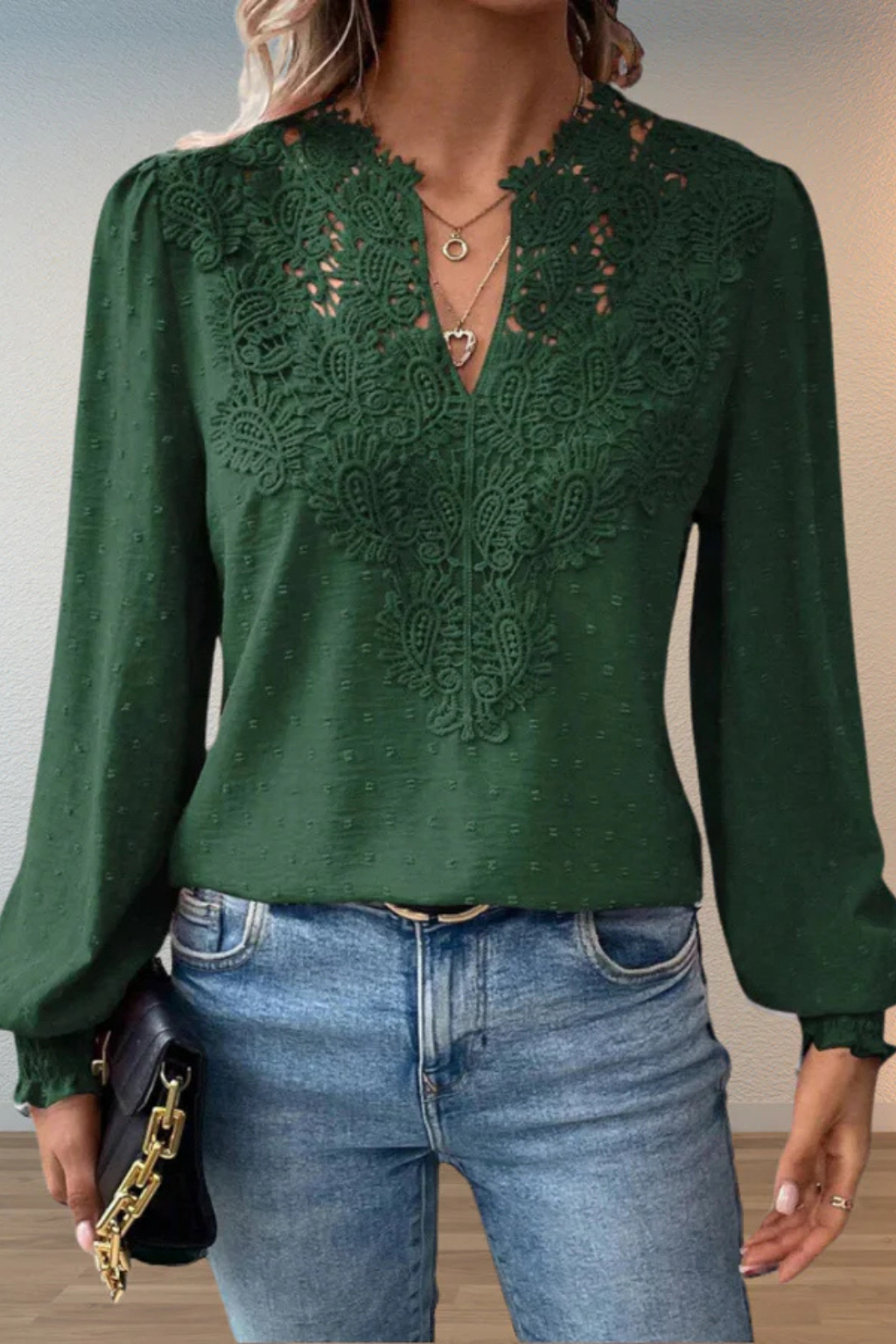 Women's Lace Applique V Neck Blouse with Balloon Sleeves – Dobby Chiffon Occasion Top