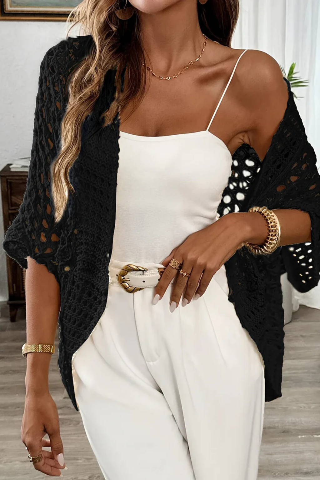 Women's Short Sleeve Crochet Cardigan – Open-Front Cropped Summer Cover-Up