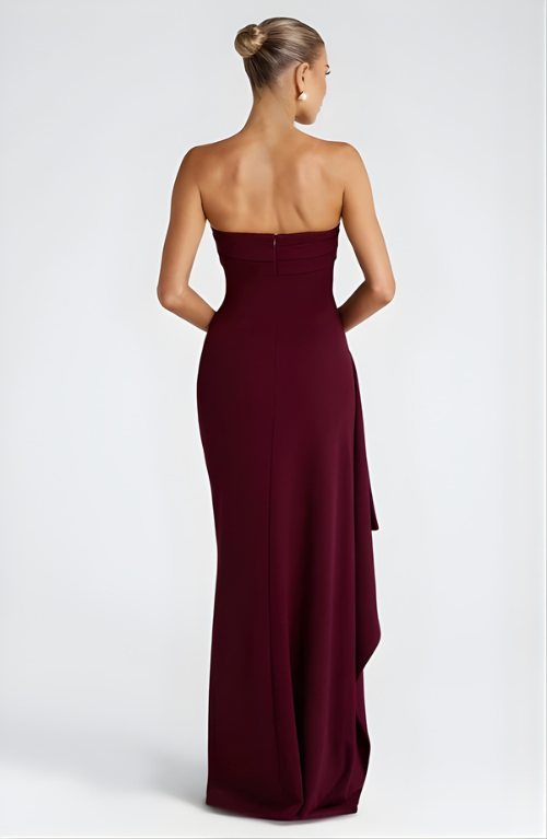 Women's Strapless Twisted Bodice Maxi Dress with High Slit – Formal Evening and Wedding Guest Gown