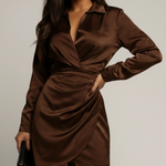 Women's Long Sleeve Satin-Finish Wrap Mini Dress with Collar – Office to Evening Dress