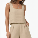 Women's Linen Cotton Blend Two-Piece Set with Square-Neck Top & Shorts – Summer Co-Ord