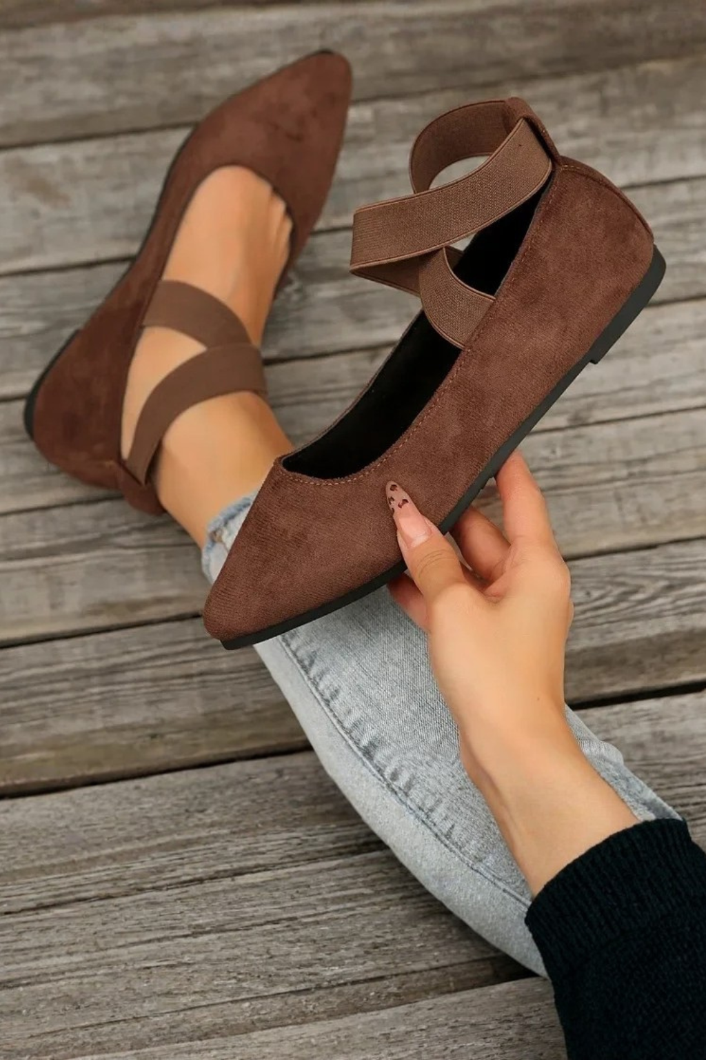 Women's Pointed Toe Ballet Flats with Cross Ankle Straps – Matte Everyday Flat Shoes
