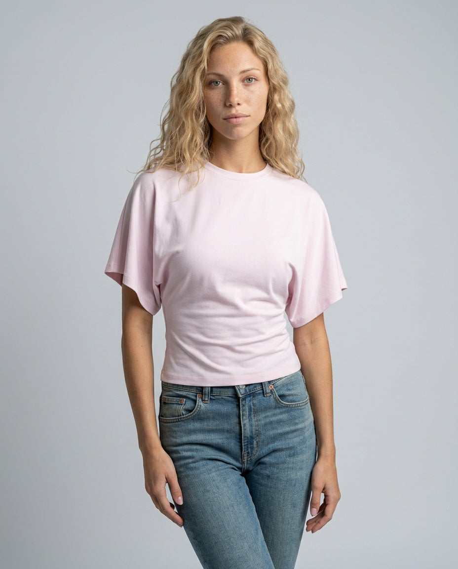 Women's Cropped Ruched Top with Wide Short Sleeves – Round-Neck Relaxed Summer Top