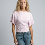 Women's Cropped Ruched Top with Wide Short Sleeves – Round-Neck Relaxed Summer Top
