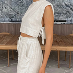 Women's Linen Two-Piece Set with Tie-Side Crop Top & Wide Leg Pants – Sleeveless Summer Co-Ord