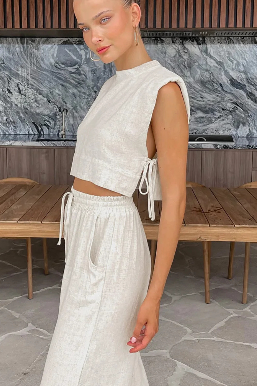 Women's Linen Two-Piece Set with Tie-Side Crop Top & Wide Leg Pants – Sleeveless Summer Co-Ord