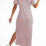 Women's Striped Midi Dress with Short Sleeves & Side Split – Casual Summer Day Dress