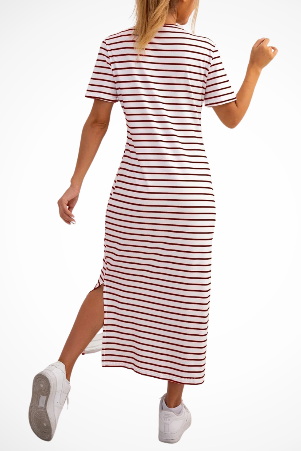 Women's Striped Midi Dress with Short Sleeves & Side Split – Casual Summer Day Dress