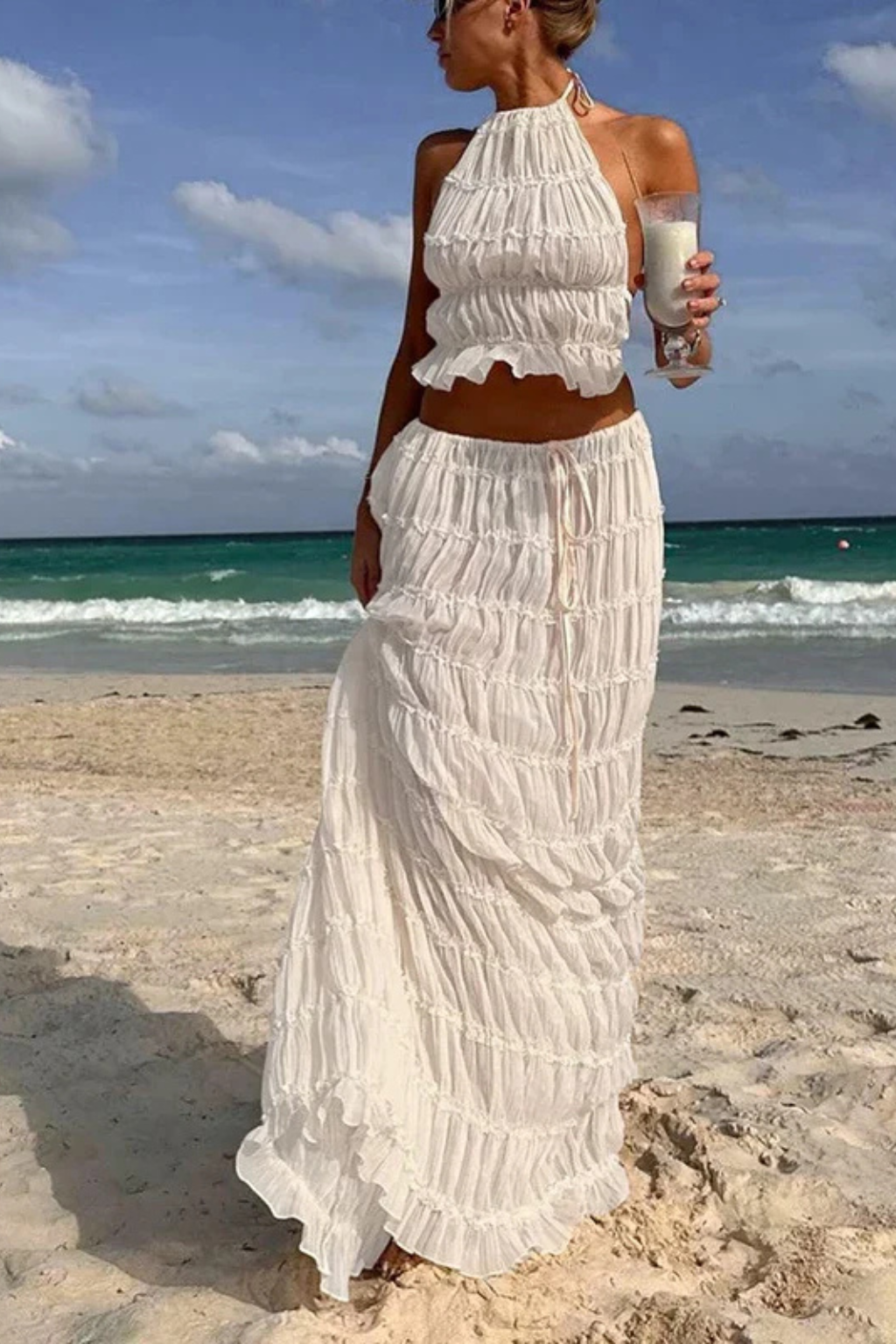 Women's Ruched Halter Crop Top and Maxi Skirt Set – Two-Piece Summer Co-Ord Outfit