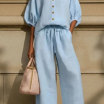 Women's Linen Co-Ord Set with Peter Pan Collar Blouse & Wide Leg Pants – Two-Piece Outfit