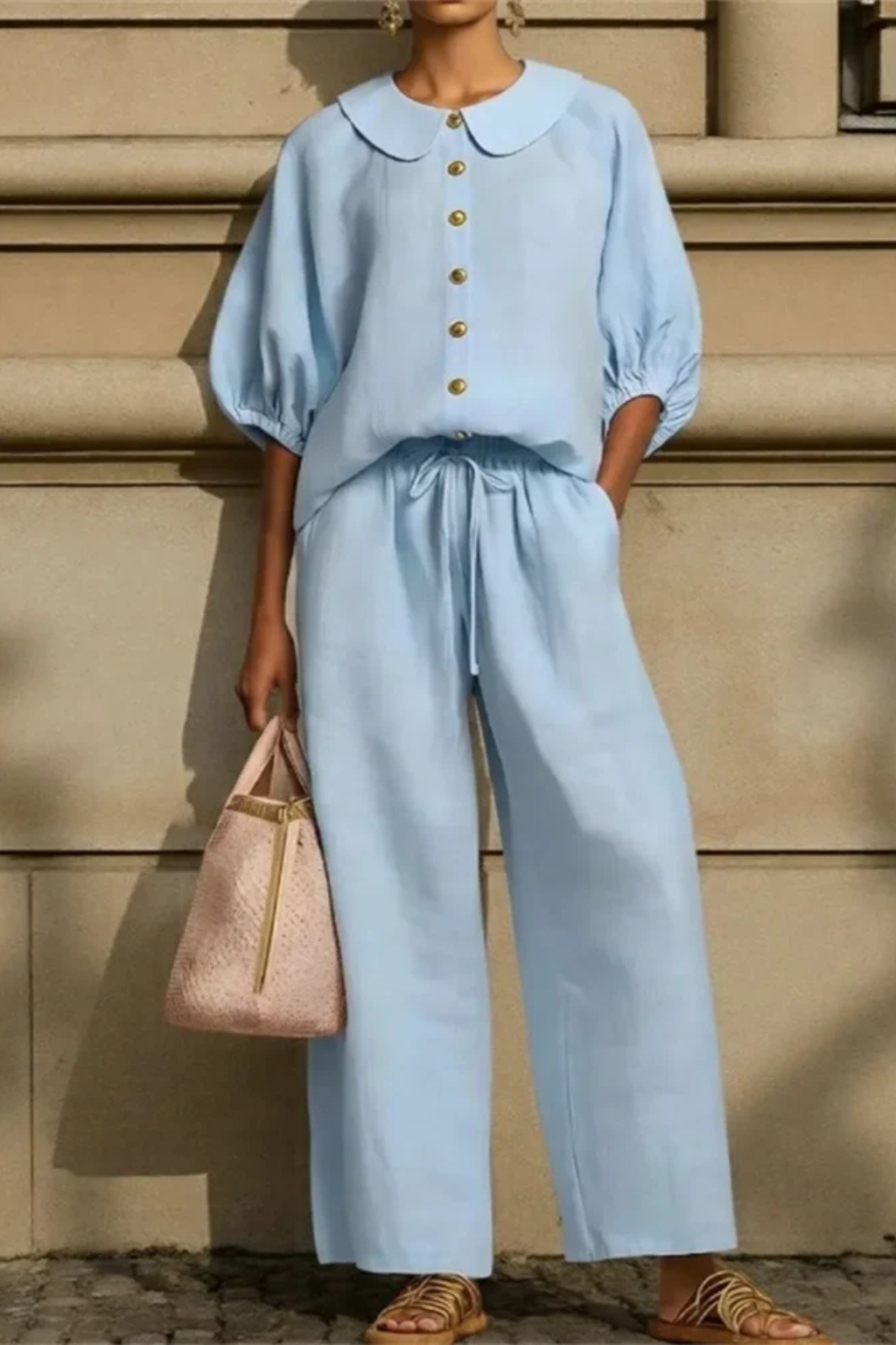 Women's Linen Co-Ord Set with Peter Pan Collar Blouse & Wide Leg Pants – Two-Piece Outfit