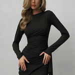 Women's Ruched Wrap Mini Dress with Long Sleeves & Side Tie – Evening & Occasion Dress